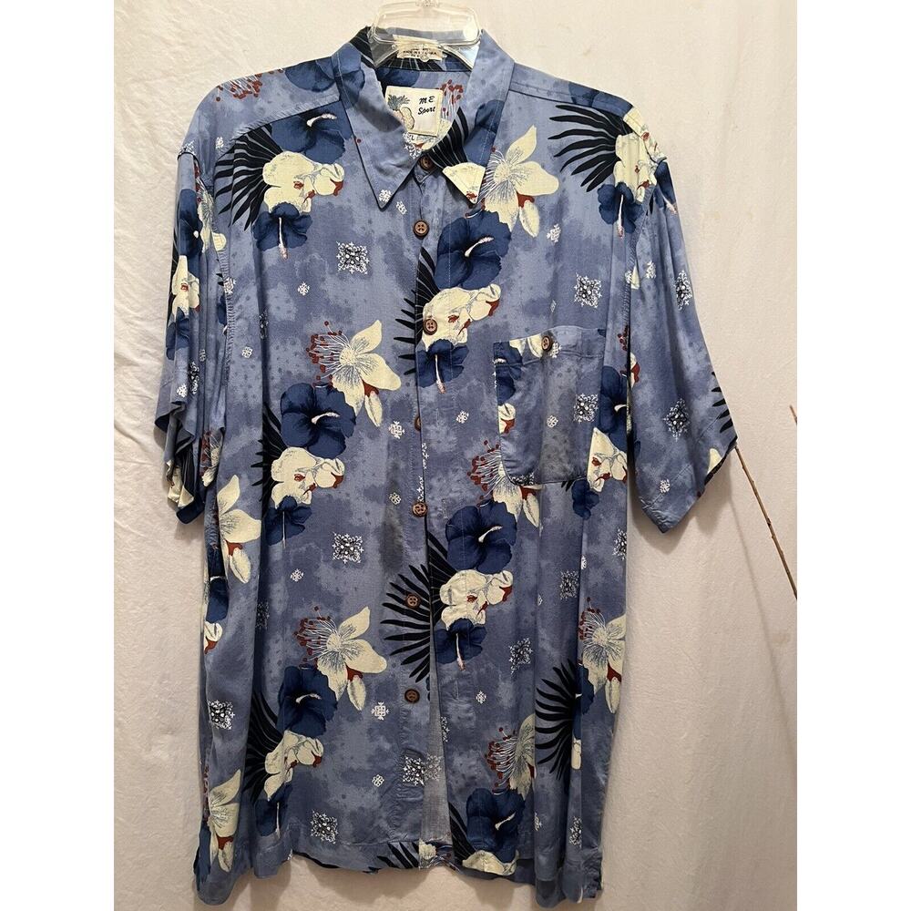 Hawaiian Vintage ME Sport Mens Shirt XL Blue Floral Print Button Down Front